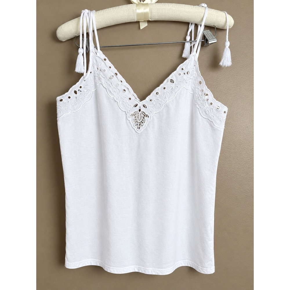 Express White Cotton Cami Tank Top Eyelet Boho Tassel Straps XS